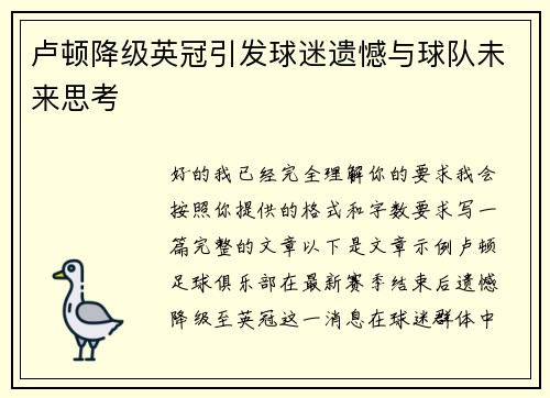 卢顿降级英冠引发球迷遗憾与球队未来思考